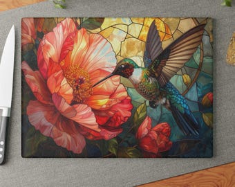 à découper en verre Colibri et pivoine | Art floral pour la cuisine