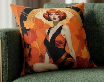 Art Deco Redhead Pinup Pillow Vintage Glamour Autumn Leaves 1920s Style Fall Home Decor Spun Polyester Square Throw Pillow