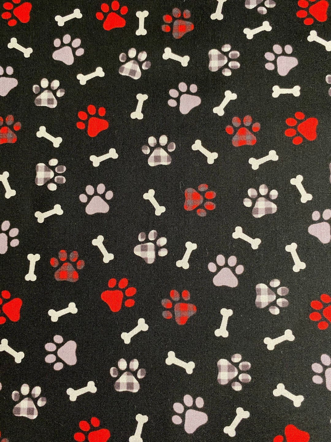 Fabric by the Half Yard Plaid Paw Prints and Bones, Black, Paw Fabric
