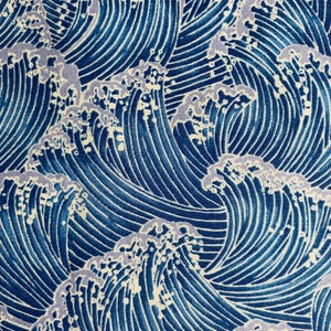Fabric By The Half Yard - Packed Waves, Ocean Waves, Asian Design, Shades of Blue, White/Light Gray Foam
