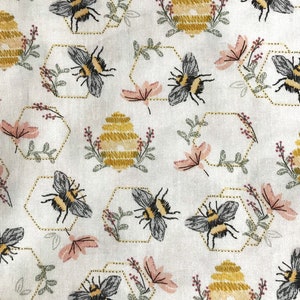 Fabric By The Half Yard-  Embroidered Bees, A BEST SELLER, Garden Bees, Bee Fabric, Bumble Bee Fabric, Bee Hives, Bumble Bees