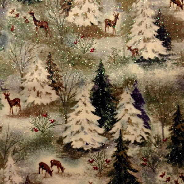 One Half Yard of Fabric, Vintage Forest, Glitter, Christmas Fabric, Vintage Design