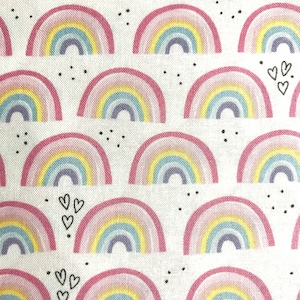 One Half Yard of Fabric - Rainbows and Hearts on White , Rainbow Fabric, Heart Fabric, Nursery Fabric