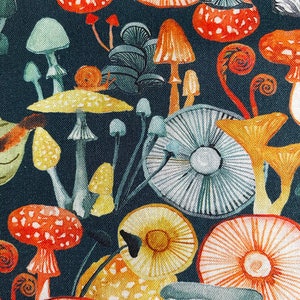 Two remnants - Mushrooms on Teal, Mushroom Fabric, Garden Fabric, Floral Fabric, Gnome Garden, Woodland