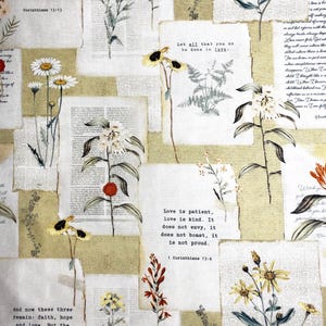 May include: A collage of vintage botanical illustrations and text excerpts from the Bible, featuring verses about love, faith, and hope. The background is a light green color, and the images are printed on white paper.