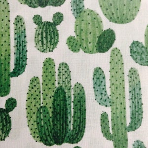 One Half Yard of Fabric Material - Green Cactus on White, Cactus Fabric