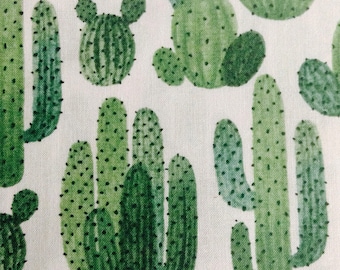 One Half Yard of Fabric Material - Green Cactus on White, Cactus Fabric