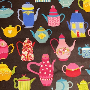 May include: A fabric pattern featuring a variety of colorful teapots in shades of pink, blue, yellow, and green against a dark brown background. The teapots have different designs, including floral patterns and geometric shapes.