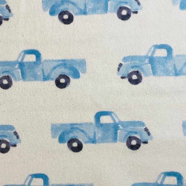 One Half Yard of FLANNEL Fabric - Blue Trucks on White FLANNEL, Flannel Fabric, Nursery Fabric, Truck Fabri, Juvenile Fabric