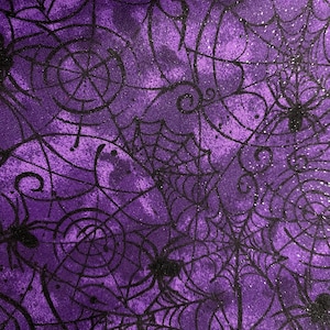 Fabric By The Half Yard - Spider Webs on Purple, Halloween Fabric, Spider Web Fabric, all over glitter accents.