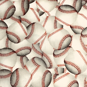 Fabric by the Half Yard - Packed Baseballs, Shaded White/Gray, Baseball Fabric