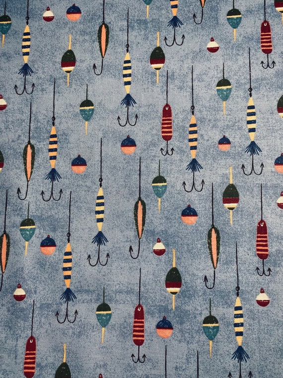 Fabric by the Half Yard Fish Hooks on Blue/gray, Fishing Fabric