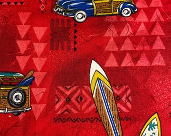 Two Vintage Fabric Remnants - Surf Boards, Cars, Surfing Fabric, Beach Fabric, Summer Fabric, Childrens Fabric.  Red