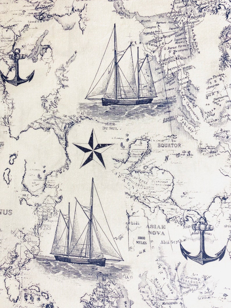 May include: A vintage nautical map with blue ink illustrations of ships, anchors, and a compass rose. The map features text in English and Latin, including the words "ASIAE NOVA" and "EQUATOR".