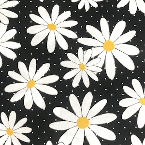 One Half Yard of Fabric - White Daisies and Dots on Black , Floral Fabric, Daisy Fabric, Vintage Floral