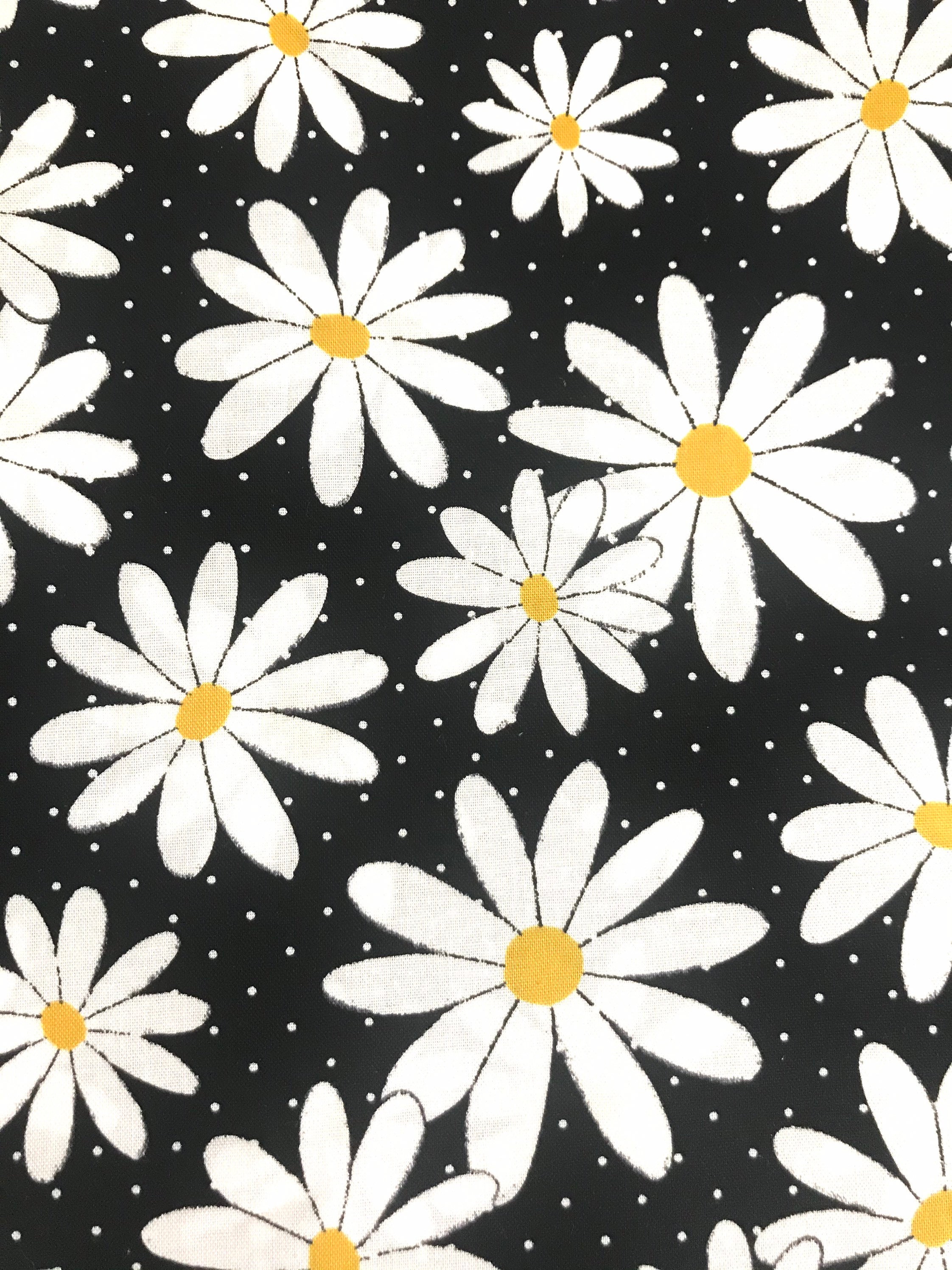 One Half Yard of Fabric White Daisies and Dots on Black Etsy