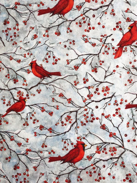Fabric By The Half Yard - Cardinal Birds and Berries, Light Blue Snowy Background, Christmas Fabric,  Cardinal Fabric, Designer Fabric