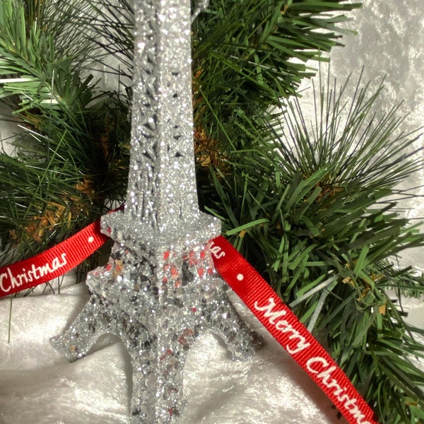 Eiffel Tower Ornament, Paris Embellishment, SILVER Glittered, Decoration for Party Decor or Gifts