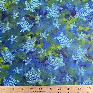 Fabric By The Half Yard - Turtles and Starfish, Sea Turtle Fabric, Turtle Fabric, Tropical Fabric