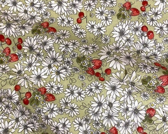 Fabric By The Half Yard - Flowers and Berries on Light Sage Green, Floral Fabric, Daisy Fabric, Strawberries, Cherries, Vintage Floral Style