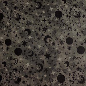 Fabric By the Half Yard - Starry Night, Moons and Stars Halloween Fabric, Black/Charcoal, Halloween Night, Night Sky Fabric