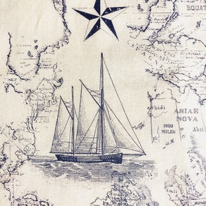 Fabric By The Half Yard - Nautical Fabric, Sailing Ships, Navy Blue, Nautical Map, Compass, Anchors