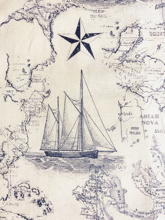 Fabric By The Half Yard - Nautical Fabric, Sailing Ships, Navy Blue, Nautical Map, Compass, Anchors