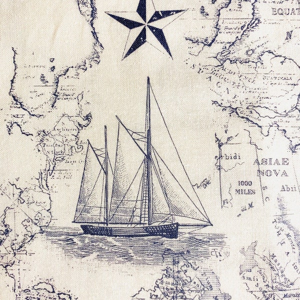 One Half Yard of Fabric Material - Nautical Map, Sailing Ships, Navy Blue, Nautical Fabric, Compass, Anchors