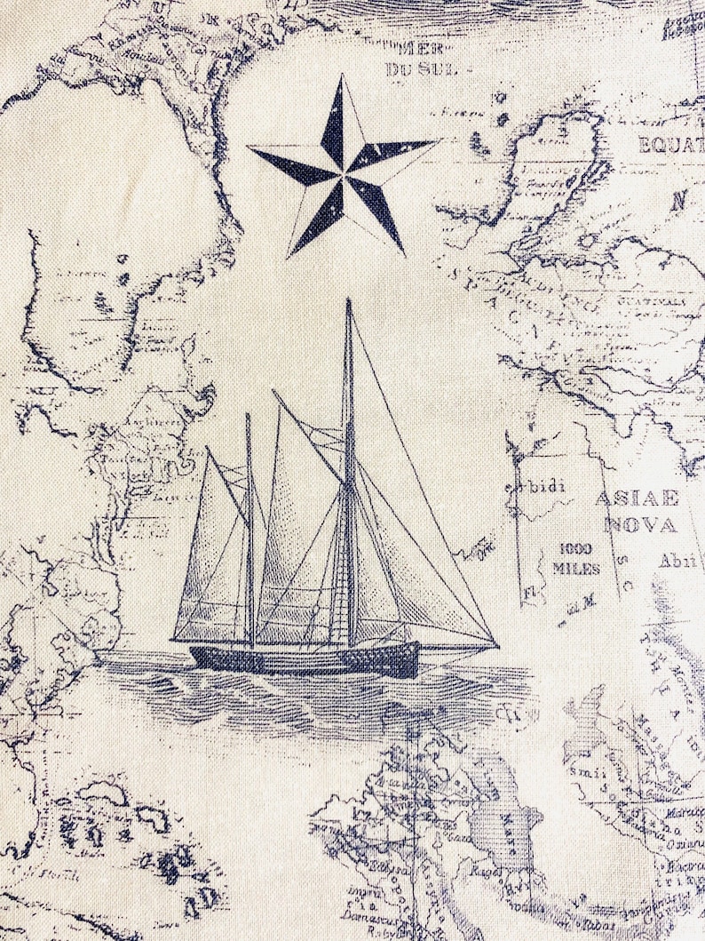 May include: A vintage nautical map with a blue and white sailboat and a five-pointed star. The map includes the text "MER DU SUL" and "ASIAE NOVA".