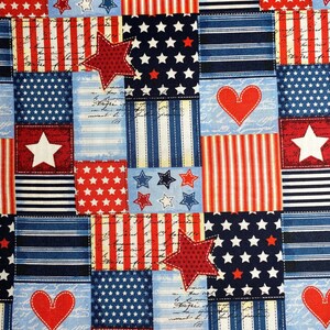 Fabric By the Half Yard - American Flag Patchwork, Heart of The US.  Patriotic Fabric, July 4, Independence Day, Quilting Fabric