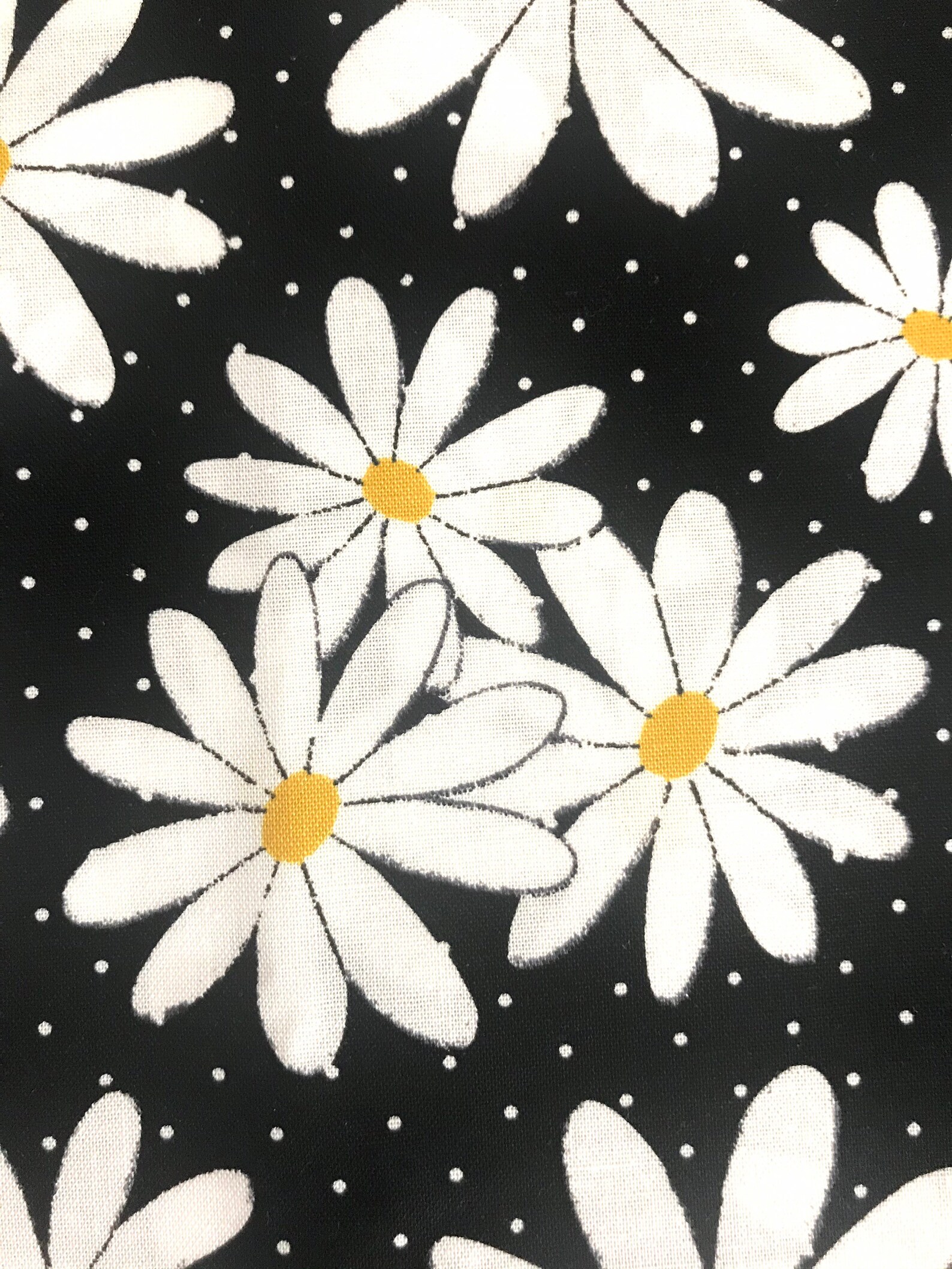 One Half Yard of Fabric White Daisies and Dots on Black Etsy