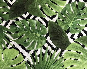 Fabric By The Half Yard -  Tropical Leaves on Aztec Design, Foliage Fabric, Jungle Fabric, Aztec Fabric