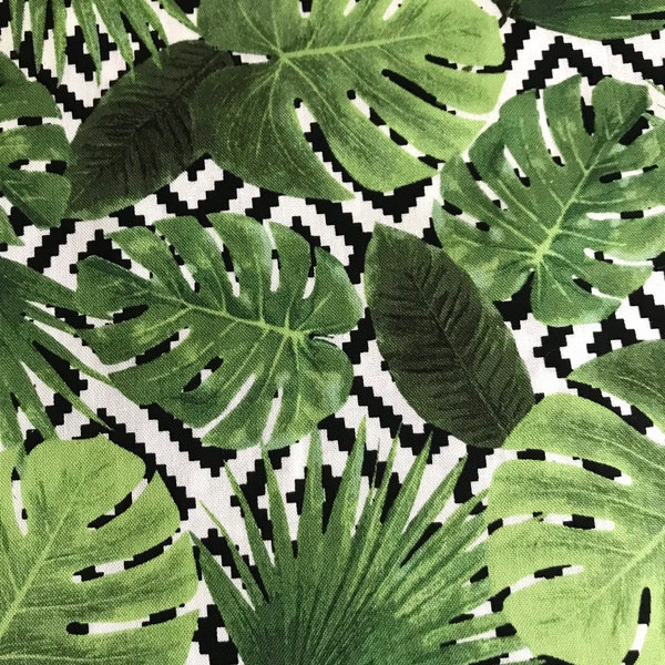 Fabric By The Half Yard -  Tropical Leaves on Aztec Design, Foliage Fabric, Jungle Fabric, Aztec Fabric