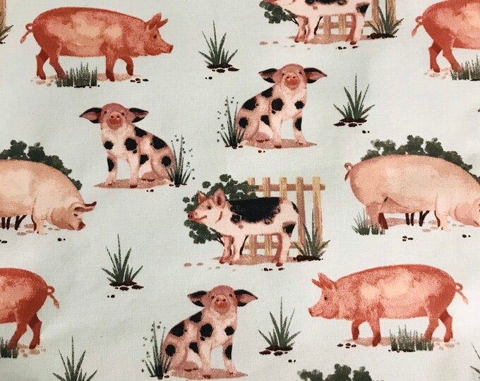 NEW Fabric by the Half Yard Pigs on Pale Blue, Pig Fabric, Pet Pigs