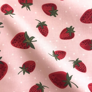 Fabric By The Half Yard - Strawberry Dot, Strawberry Fabric, Spring Fabric, Pink, Valentine Fabric