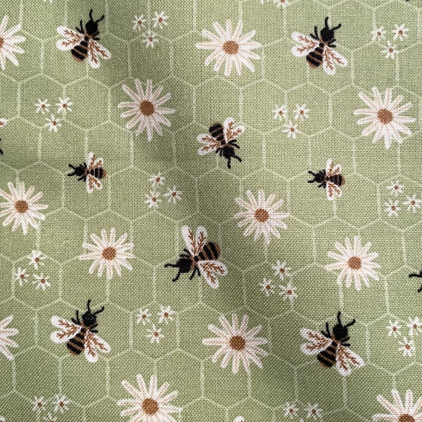 NEW! Fabric By The Half Yard- Bees and Daisies on Green, Garden Bees, Bee Fabric, Bumble Bee Fabric, Bee Hives, Bumble Bees