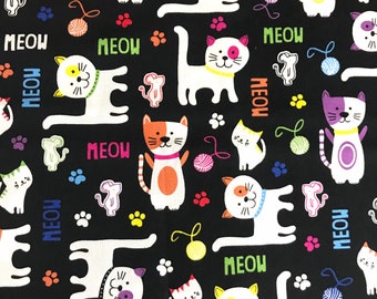 Fabric By The Half Yard - Meow Cats, Cat Fabric, Kids Fabric, Kitten Fabric, Juvenile Fabric
