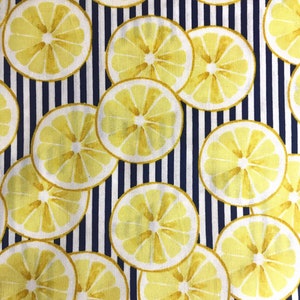 One Half Yard of Fabric Material - Lemons on Navy Stripes, Lemon Fabric