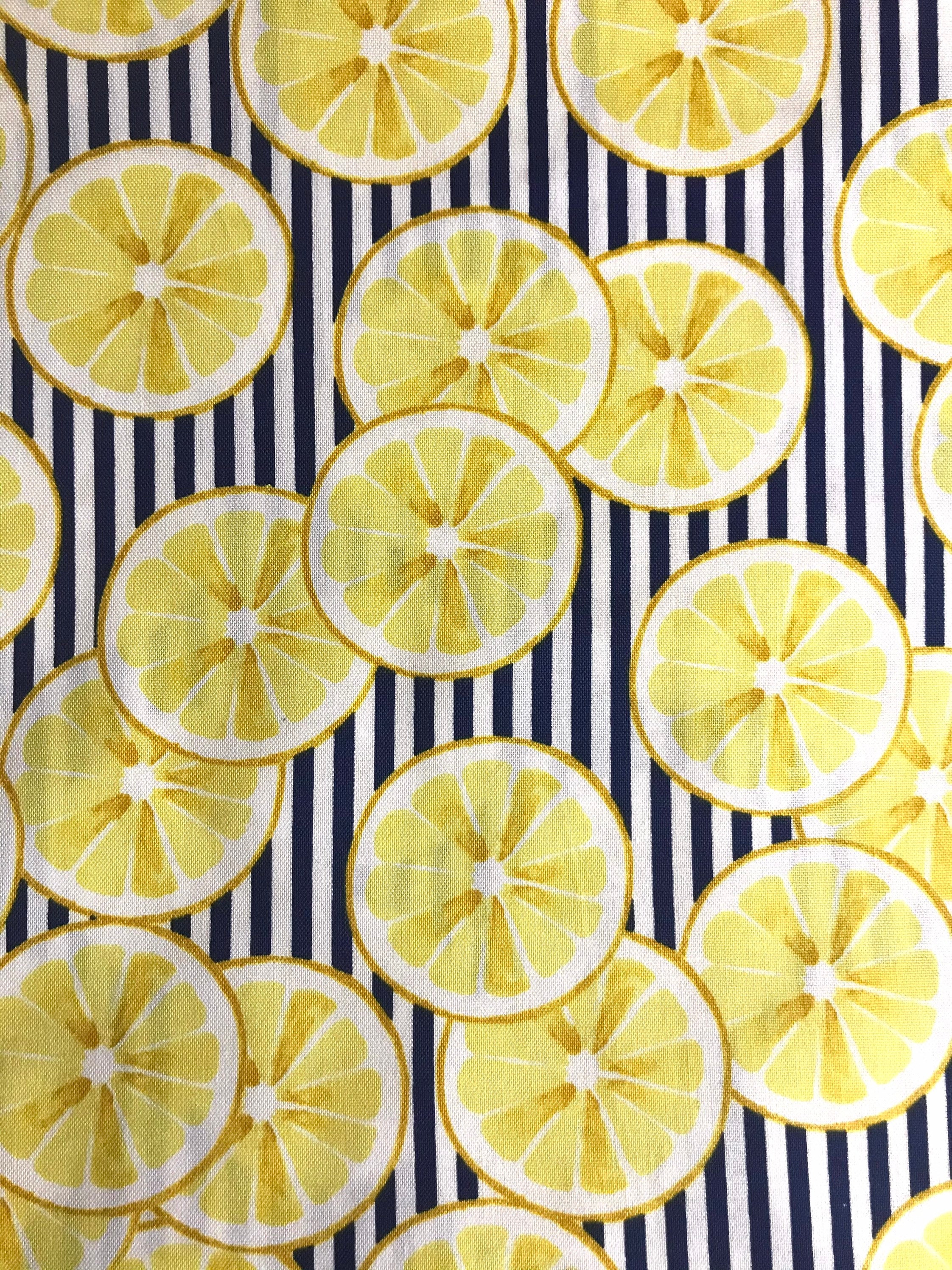 One Half Yard of Fabric Material - Lemons on Navy Stripes, Lemon Fabric