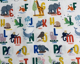 Fabric By The Half Yard - Animal Alphabet, Wild Animals, Zoo Animals, Animal Fabric, Nursery Fabric, Infant Fabric