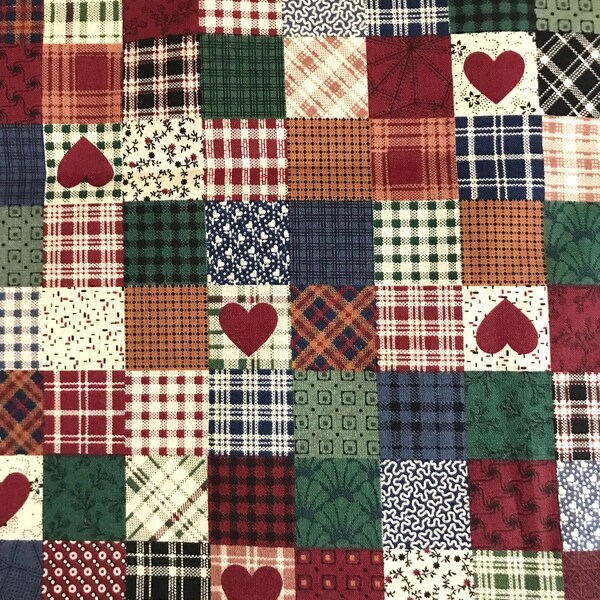 Fabric By The Half Yard - Patchwork Hearts, BEST SELLER, Quilting Fabric, Homespun Style Fabric, Tea Dye, Vintage, Patchwork, Cheater Quilt