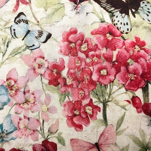 Fabric By The Half Yard - Butterfly Garden, Floral Fabric, Spring Flowers, Cream Background, Designer Print, Butterfly Fabric