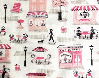May include: A repeating pattern featuring pink Parisian cafes, patisseries, and street scenes. The design includes cafe tables with chairs, street lamps, trees, and people. The words "CAFE" and "PATISSERIE CHOCOLAT" are visible.
