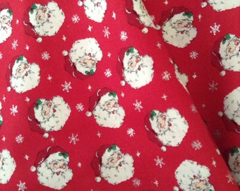 One 25 Inch Piece of fabric - Tossed Santa Glitter Red, Christmas Fabric, Santa Fabric, Vintage Style Santa, Glitter Snowflakes