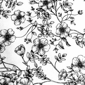 One Half Yard of Fabric - Black Floral on White, Floral Fabric, Vintage Floral