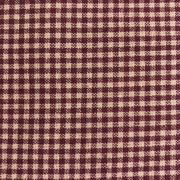 One Half Yard of Fabric - Deep Red/Maroon and Tan Gingham 1/16 Inch Checks, Homespun Fabric, Vintage Fabric, Christmas Crafts