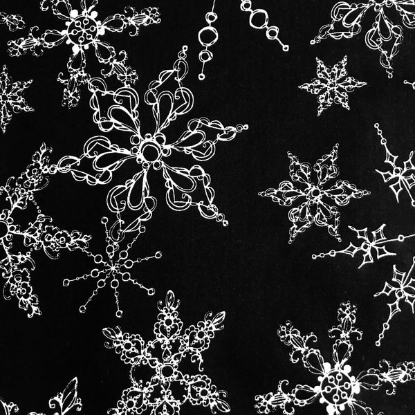 One Fat Quarter of Fabric - White Snowflakes on Black, Christmas Fabric, Snowflake Fabric