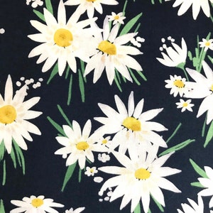 One Half Yard of Fabric - White Daisies on Navy, Floral Fabric, Daisy Fabric, Vintage Floral