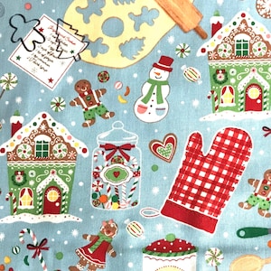 Fabric By The Half Yard - Gingerbread Baking Blue, Christmas Fabric, Gingerbread House, Gingerbread People, Cookie Fabric, Baking Fabric