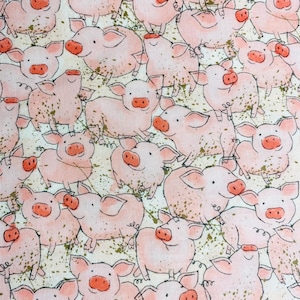 One Half Yard of Fabric Material -  Watercolor Packed Pigs, Pig Fabric, Pigs in Mud, Farm Pigs, Pet Pigs